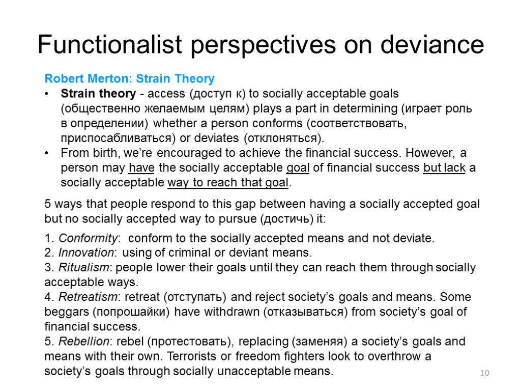 10 Functionalist perspectives on deviance Robert Merton: Strain Theory Strain theory - access (доступ